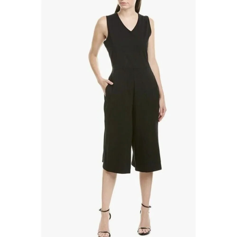 Eileen Fisher Jumpsuit Womens M Black Wide Leg Crop Cotton Spandex Culotte
